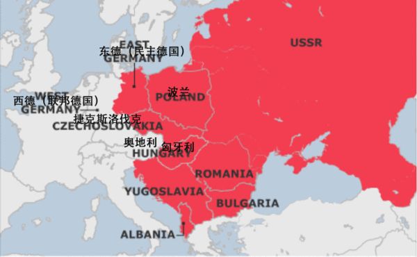 1989年的欧洲地图，匈牙利开放与奥地利的边境后，成为第一个向西方国家开放的华约缔约国，掀开铁幕的一角 图片来自BBC网站